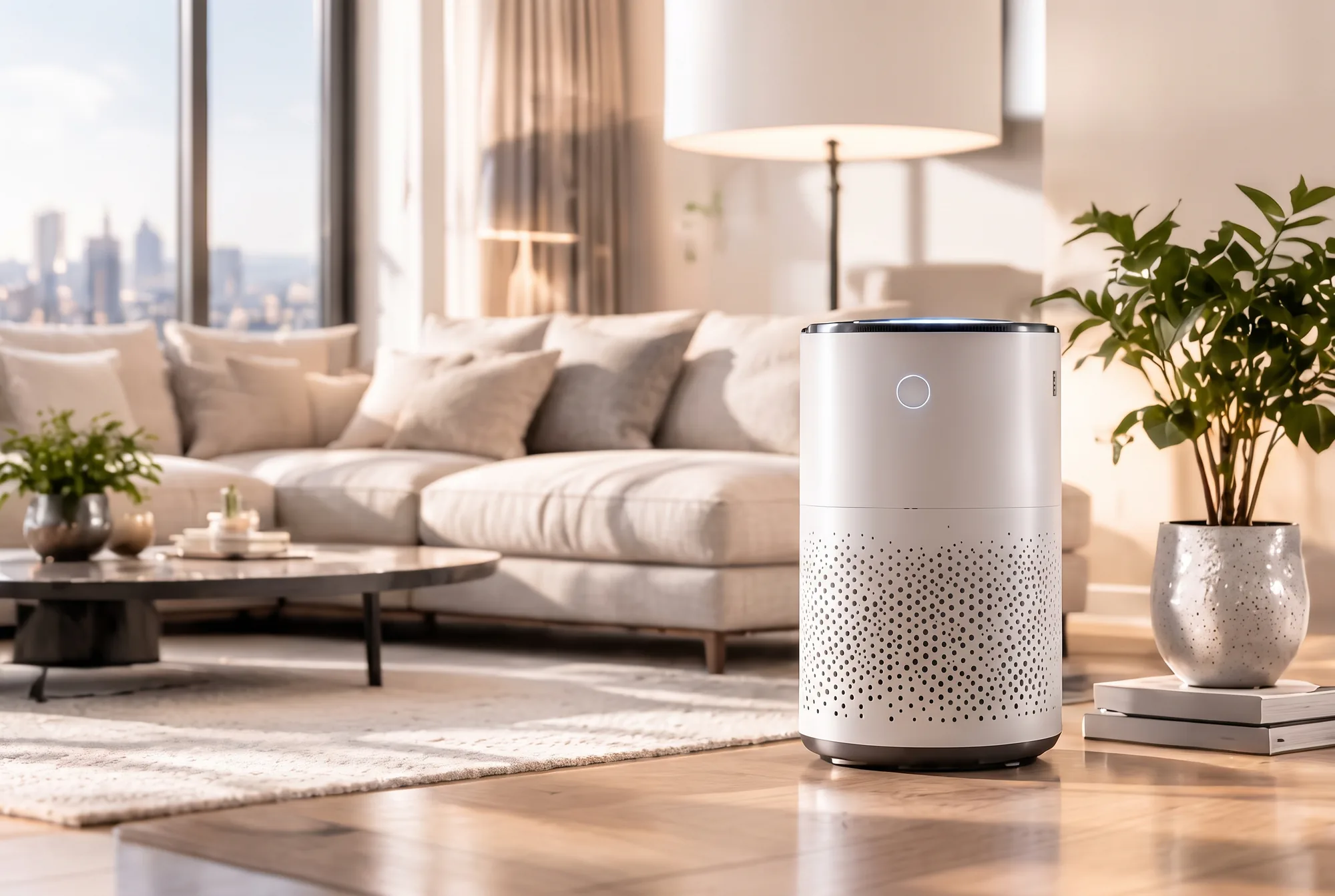Living moderno y luminoso con un purificador de aire blanco